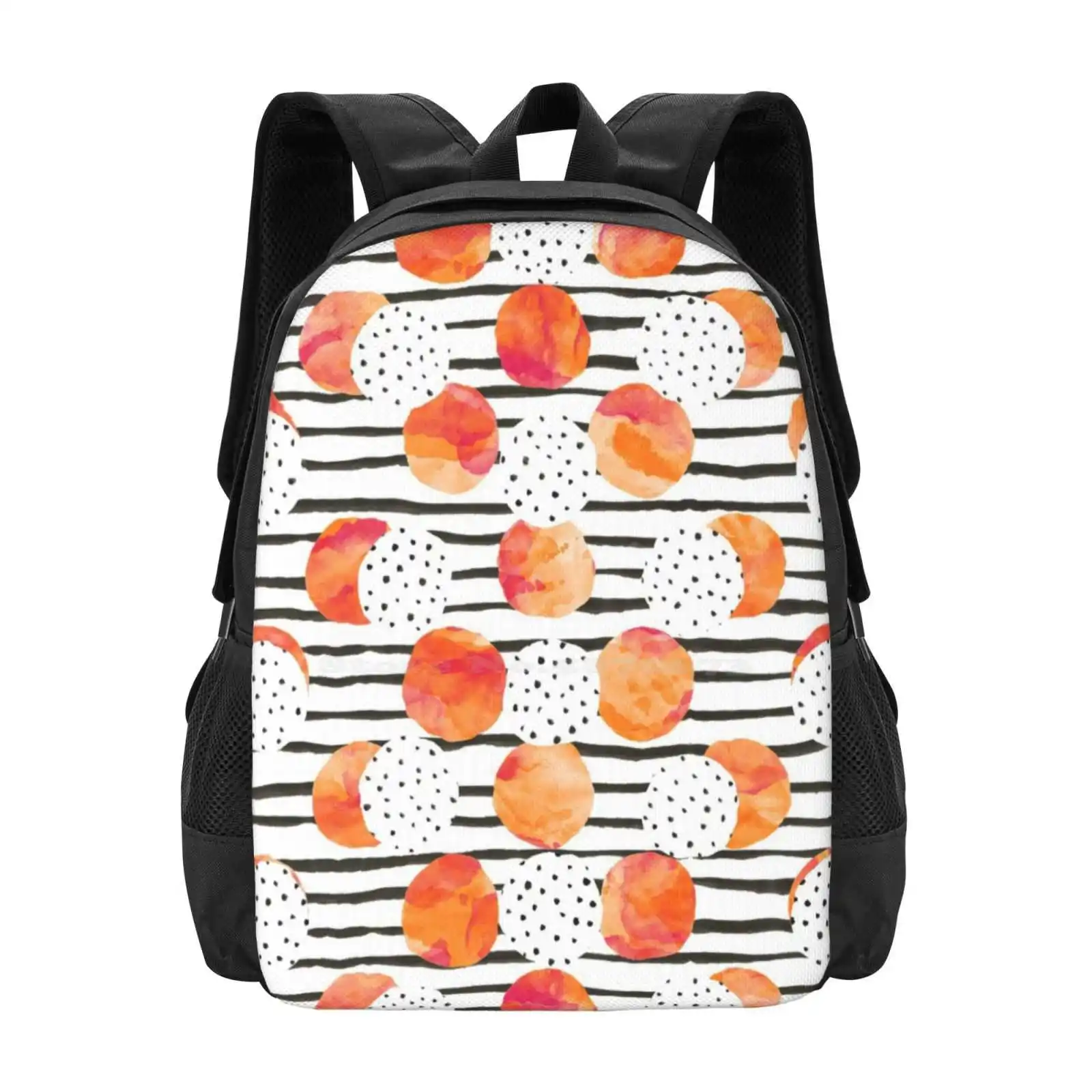 Sac à dos à motif orange fruité pour étudiants, motif aquarelle d'interconnexion orange, cercle à rayures, pois, amusant heureux