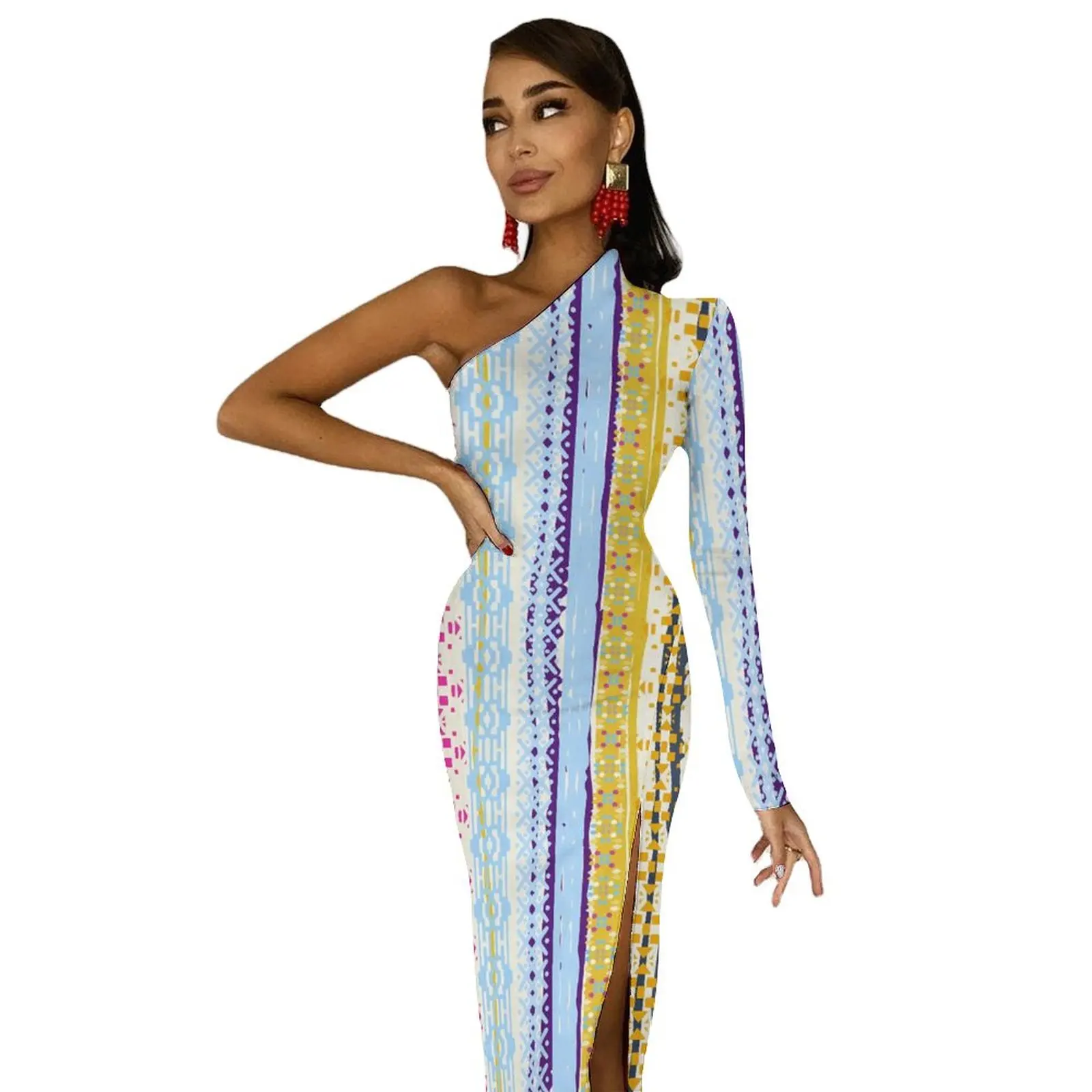 Boho estilo tribal bodycon vestido mulher abstrato étnico sexy maxi vestido de manga longa festa vestidos personalizados ideia de presente