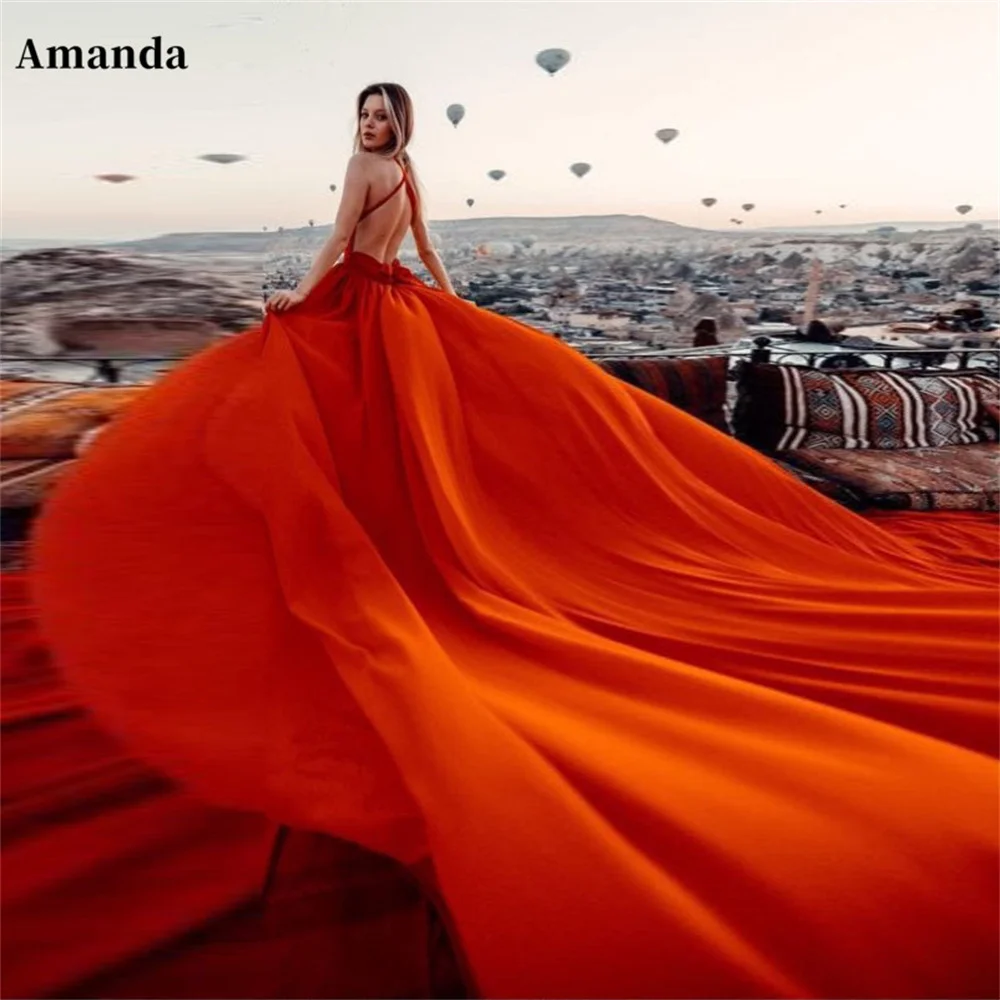 Amanda Sexy Open Back Party Dress Red Sweep Train Robe De Soirée Silk Chiffon Evening Dress Halter Neck Prom Dress 2023