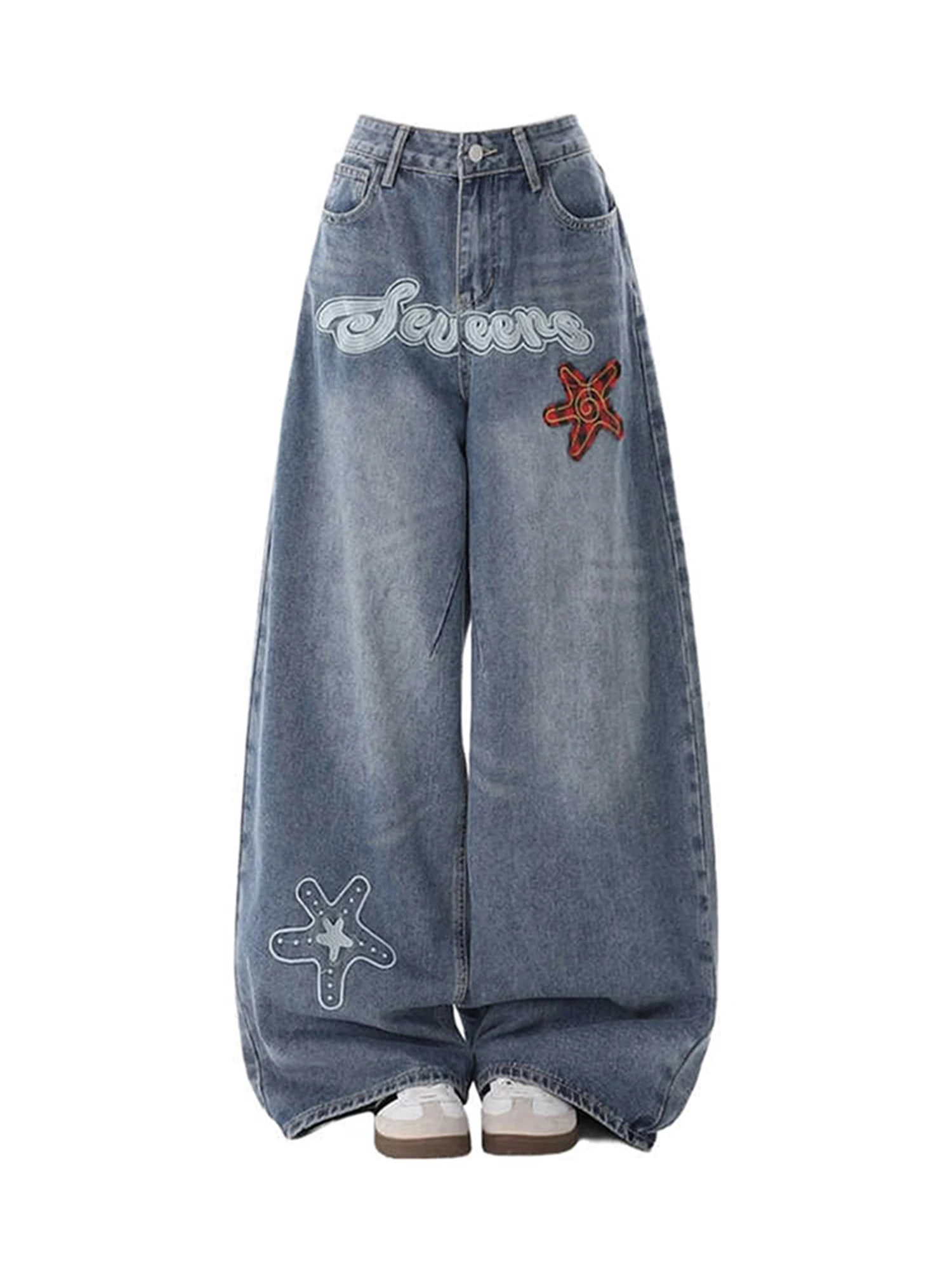 

Women Y2k Baggy Star Embroidery Jeans Japanese 2000s Style Wide Leg Jean Pants Vintage Harajuku Oversize Denim Trousers Clothes