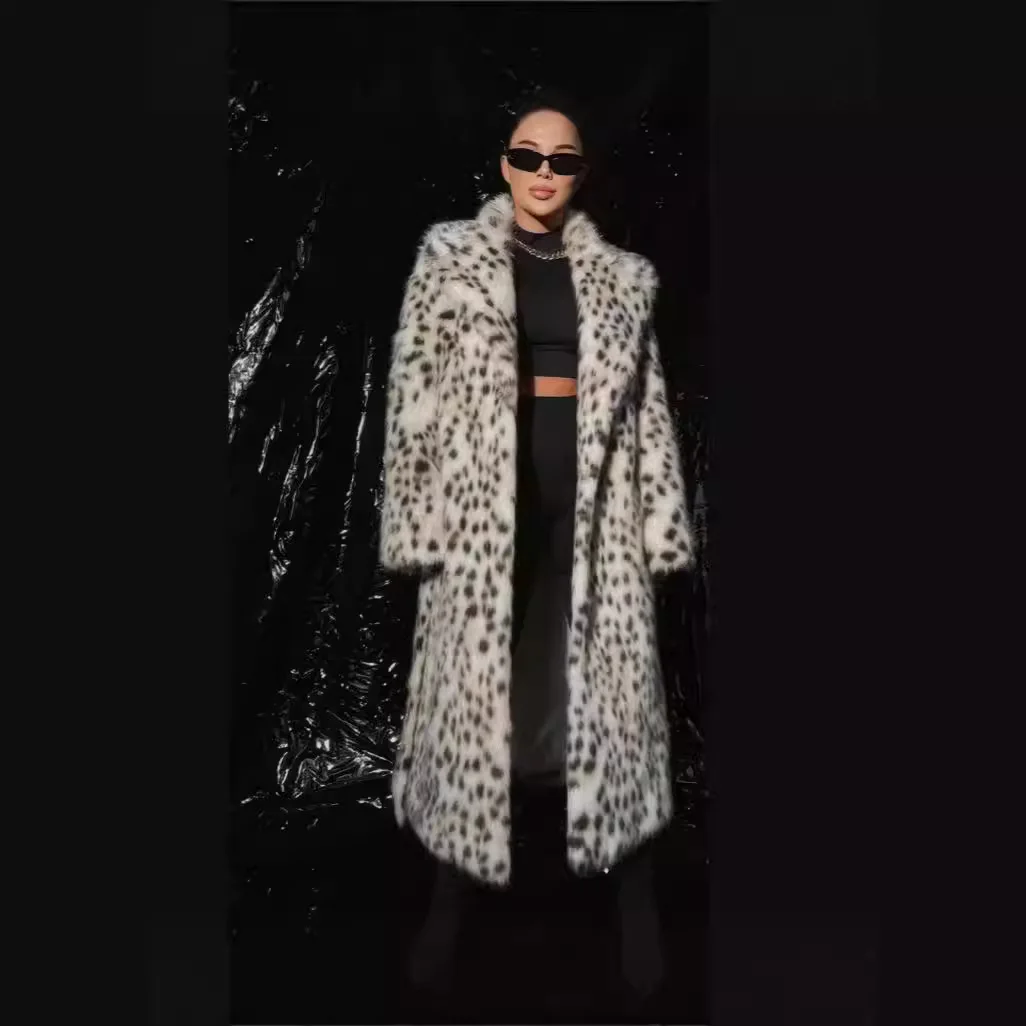 Ladies' Long Coat Leopard Print Fox Fur Simulation Suit Collar Outerwear New Style Imported From Overseas