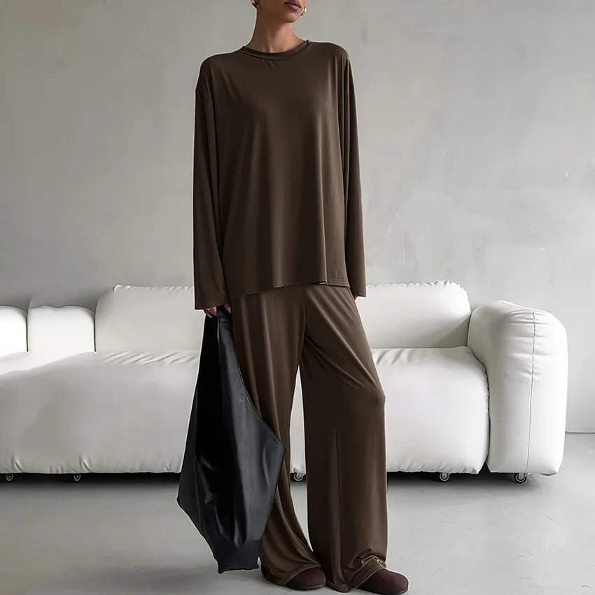 

Spring Two Piece Pant Set New Round Neck Long Sleeved Pants Pajama Set Women's Solid Basic Top Casual Loose Home Clothing Suits