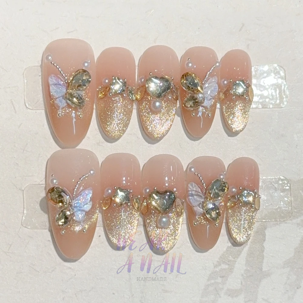 10pcs Handmade Cat Eye Almond Press on Nails French Glitter Butterfly Decort Wearable False Nail Tender Full Cover Party Nails