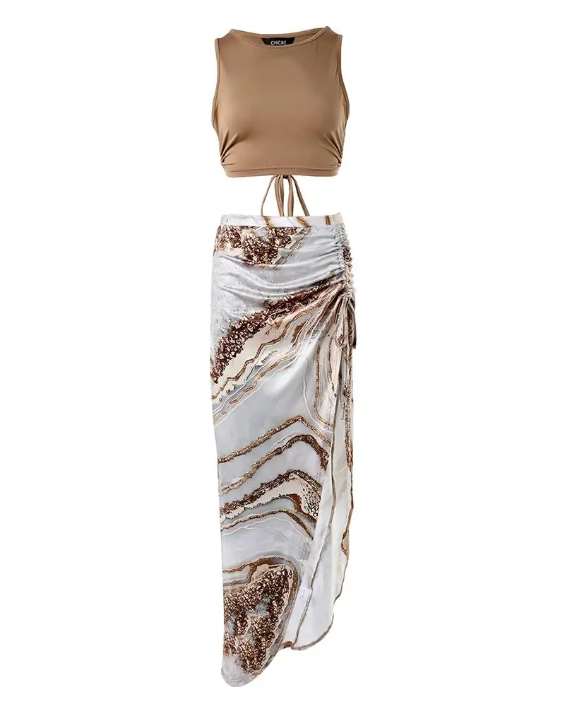 Casual Summer Women Dress Sets O-Neck Sleeveless Crop Top and Ruched Tie Dye Print Drawstring High Slit Skirt Sets