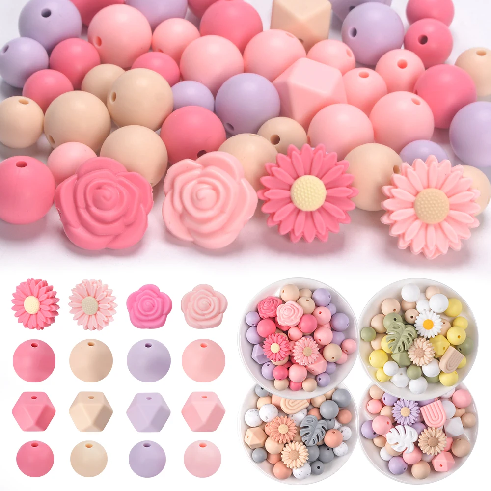 LOFCA 48pcs Silicone Flower Focal Round Hexagon Beads Set For DIY Bracelet Necklace Pens Keychains Jewelry Crafting accessories