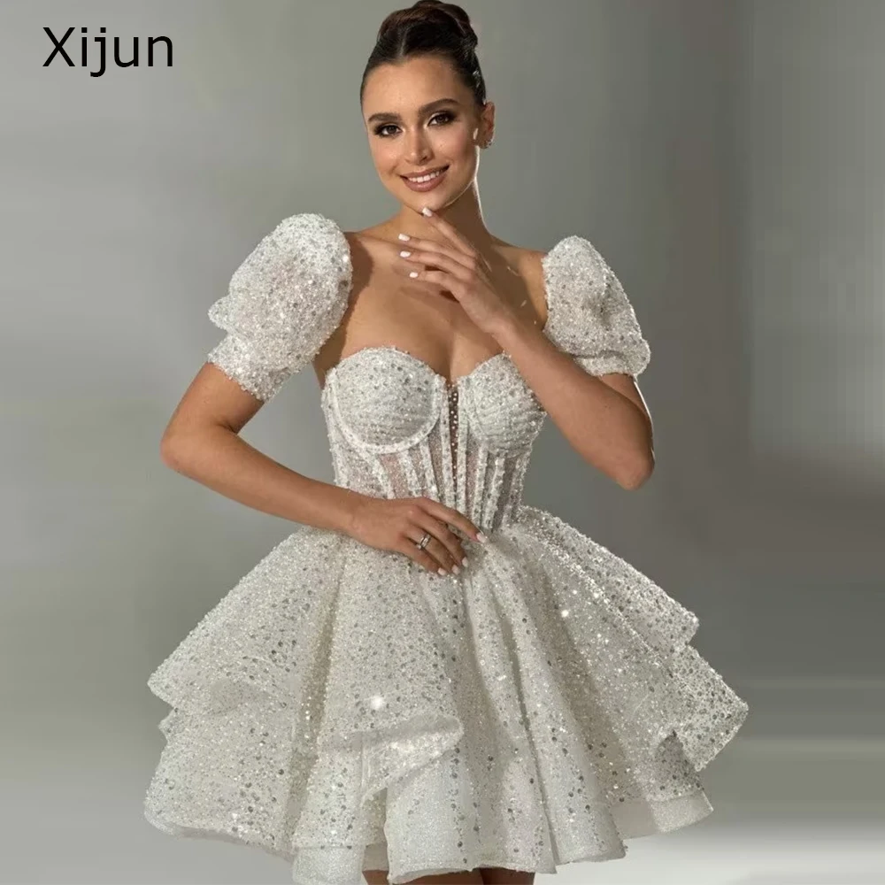 Xijun-vestido de noche corto blanco, minivestido de novia con escote en forma de corazón, mangas desmontables, vestidos de graduación, vestido