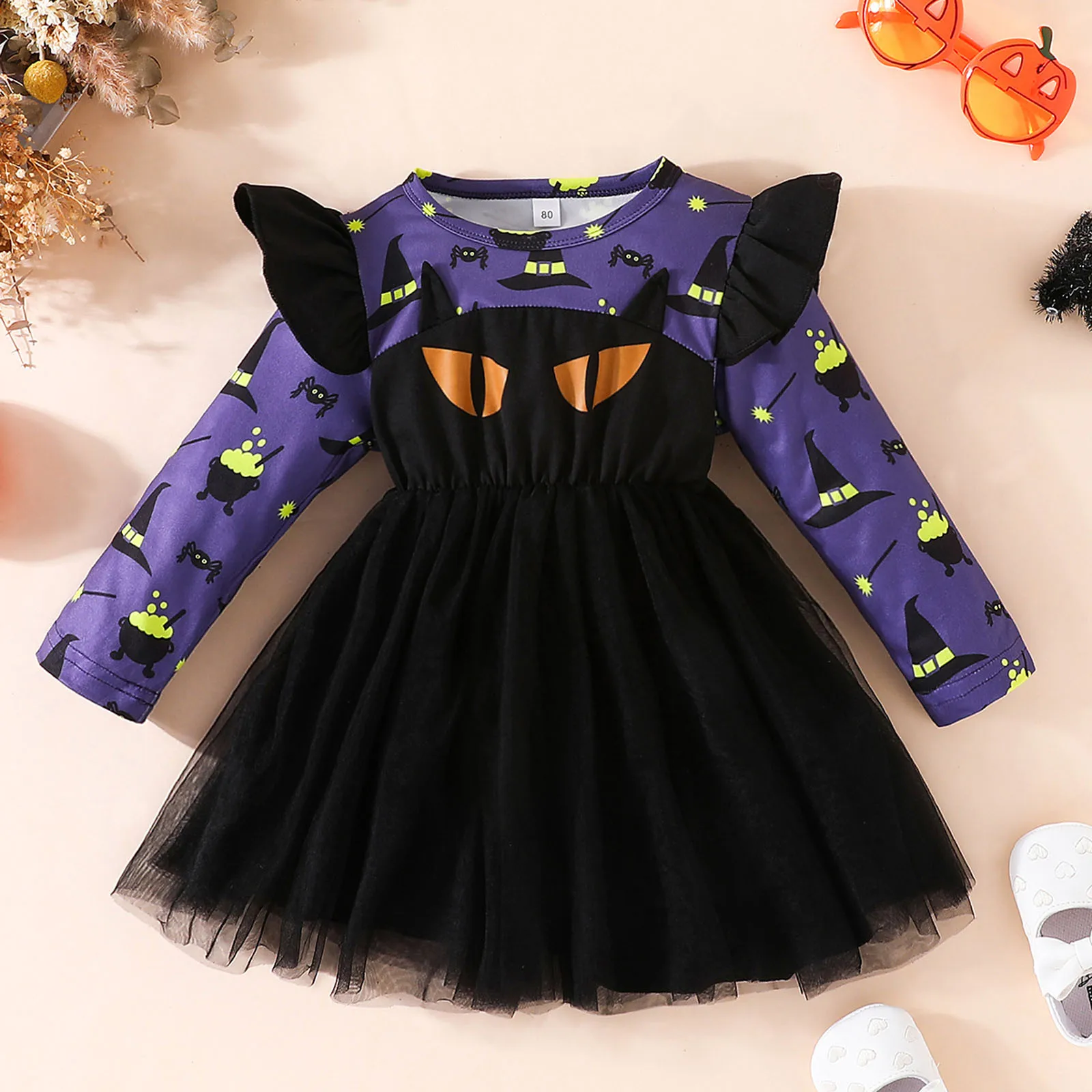 Toddler Baby Girls Halloween Clothes Long Sleeve Mesh Tulle Princess Dress Cartoon Prints Halloween Girls Dress 1 2 3 4 5 Years