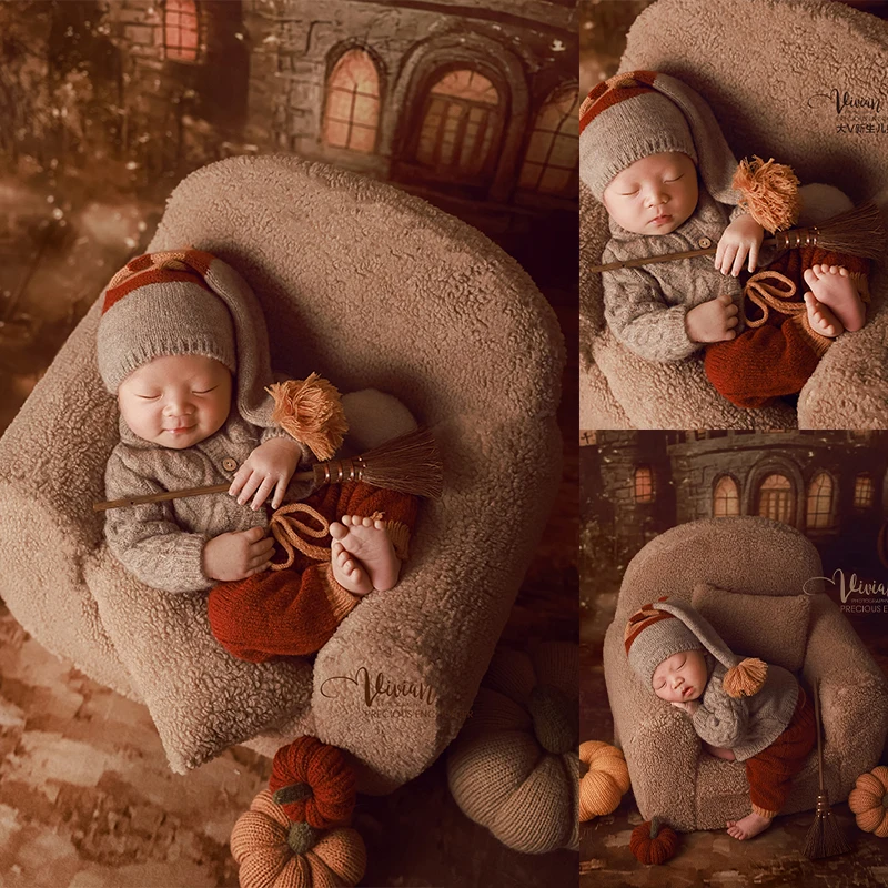 

Baby Magic Academy Character Costumes Newborn Photography Props Baby Knitwear+Hat 3pcs Broom Scene Props Infants Halloween Gift