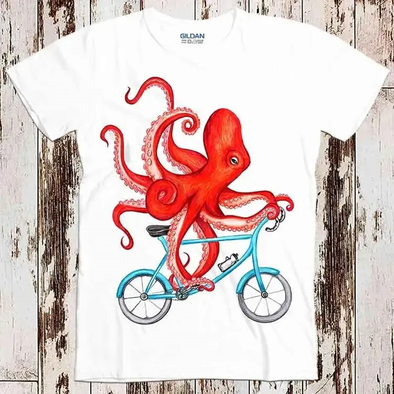 Octopus On A Bicycle Best Seller T Shirt Music Retro Top Tee Gift Cool Unisex 8597