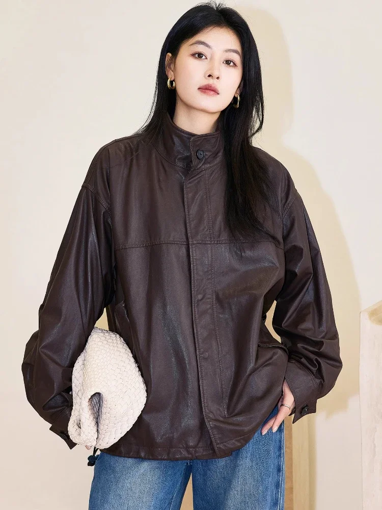 

Retro Casual Genuine Leather Oversized Jackets for Women Spring Autumn 2026 New High-end Simple Stand Collar Real Sheepskin Coat