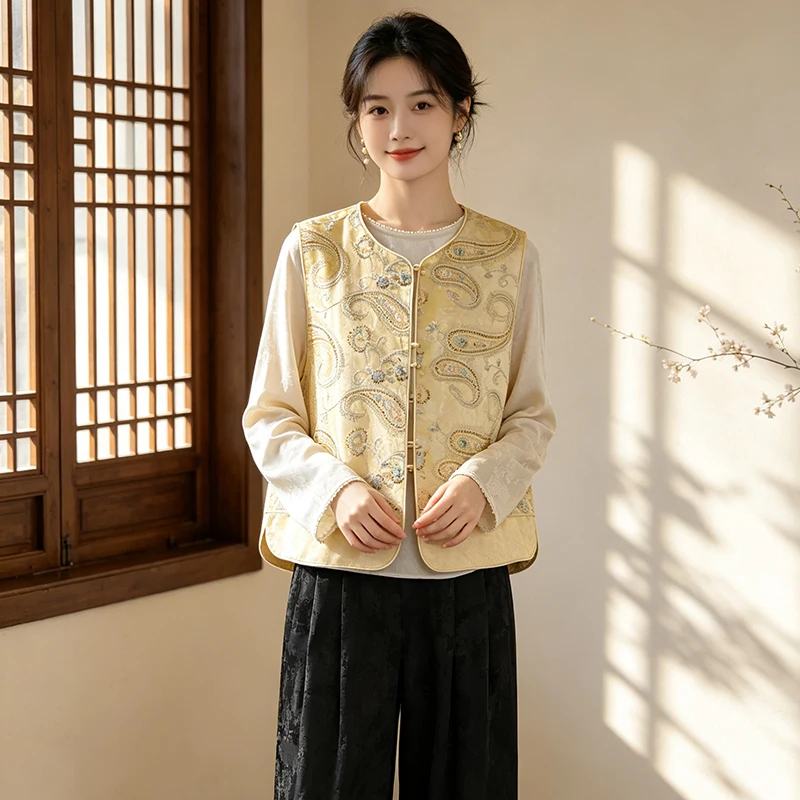 New Chinese Style Embroidered Heavy Work Buttoned Autumn Top Wide Leg Pants Set Vintage Ancient Fashion Women's Clothing