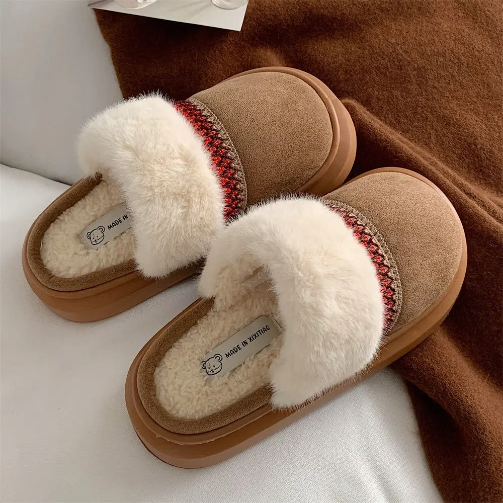 

Autumn Winter Ethnic Style Velvet Warm Anti-slip Thick Bottom Women Retro Colour Blocking Home Outdoor Soft Cute Cotton Slippers