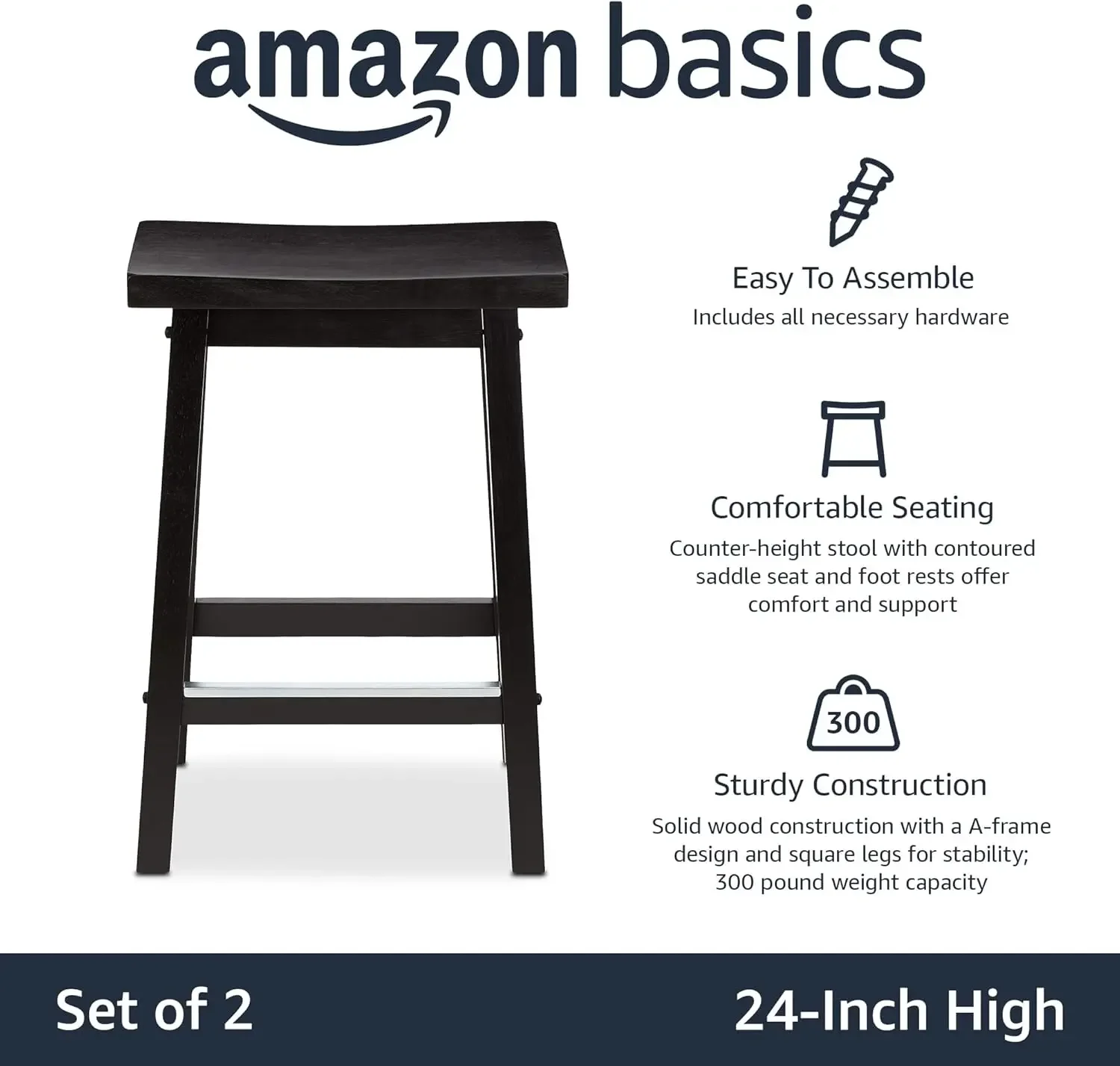 Wood Saddle-Seat Counter-Height Kitchen Island BarStool, 24-Inch Height, Black - Set of 2  bar stools  chairs