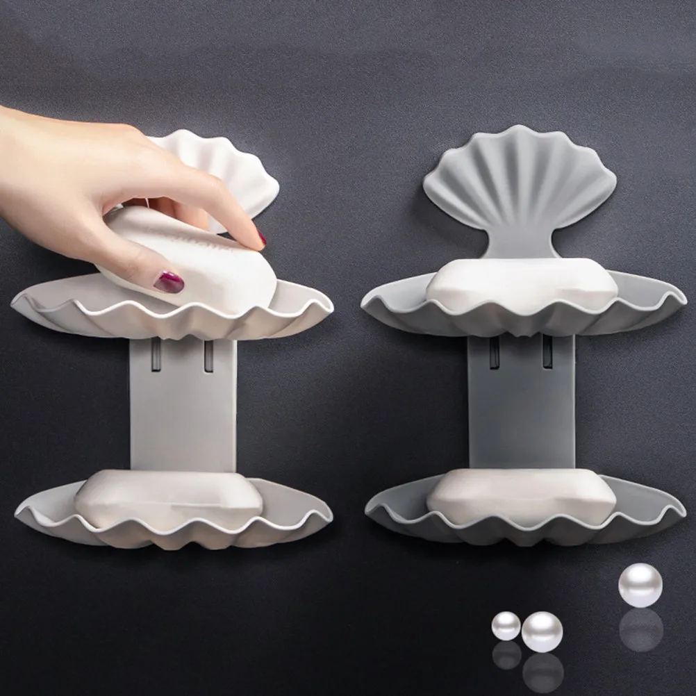 1Pcs Double Layer Soap Dish Holder Shell Shape Premium Plastic Wall Mounted Bathroom Kitchen Soap Rack Draining Design