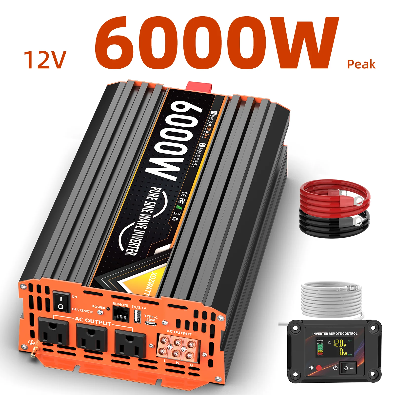 12 فولت 24 فولت 3000 واط 6000 واط الذروة نقية شرط لموجة عاكس الطاقة مع جهاز التحكم عن بعد شاشة الكريستال السائل USB نوع-C حماية متعددة ل RV #1