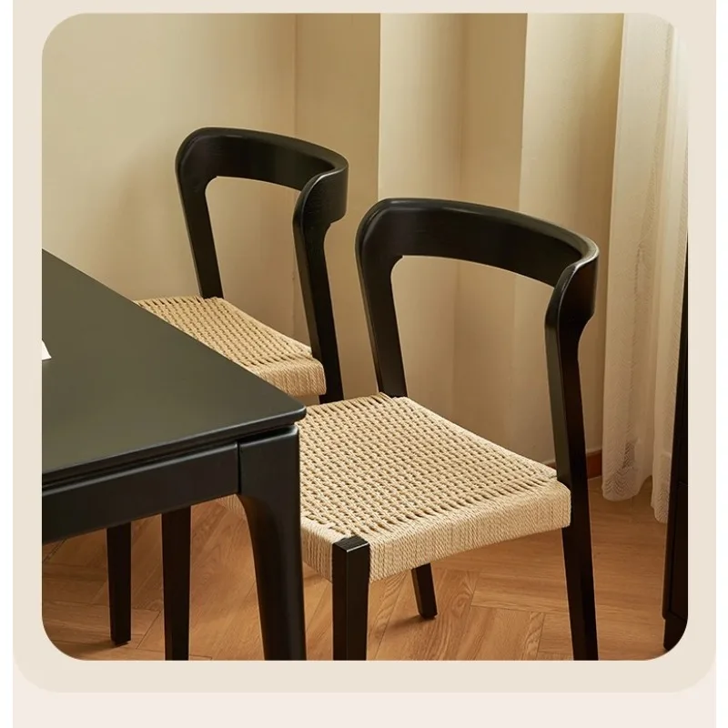 Solid Wood Rattan Dining Chair Stackable Rope Woven Back Coffee Chair Vanity Stool Bedroom Makeup Seat