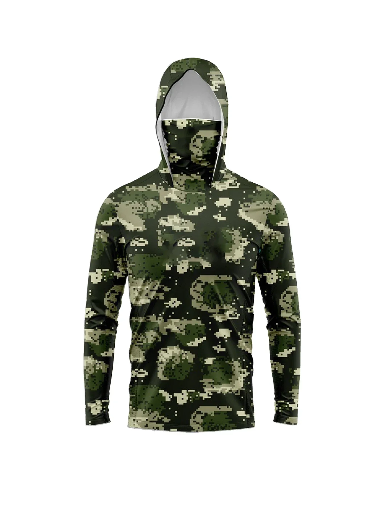 UPF50+ Sonnenschutz-Hoodie für Männer zum Angeln, Militär-Dschungel-Camouflage-Druck, Gesichtsmaske, schnelltrocknend, leichtes Angel-T-Shirt – Detail 3