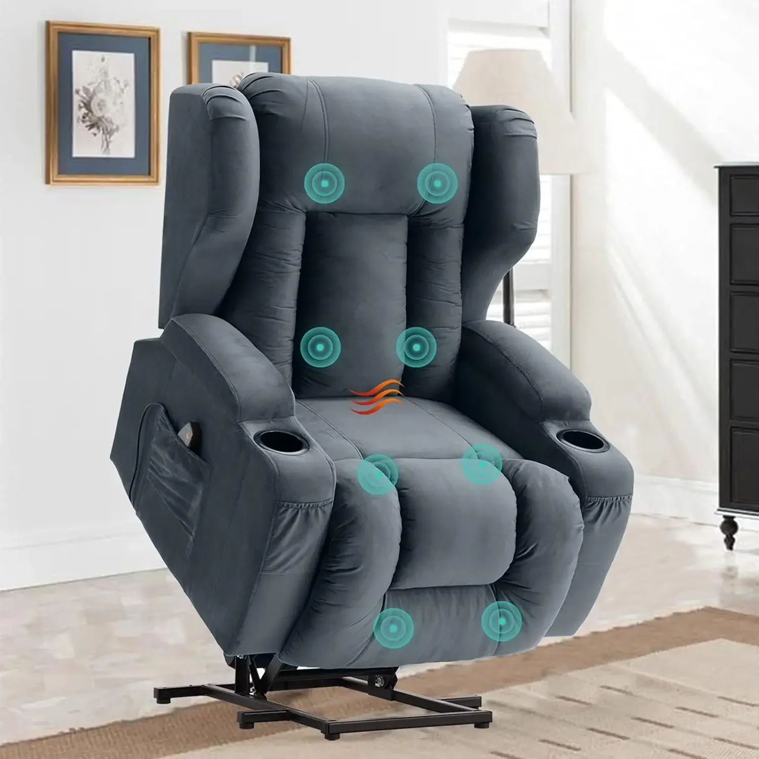 Power Recliner Chair with Massage and Heat Velvet Electric Reclining Ergonomic Lounge Sofa Lift Chair