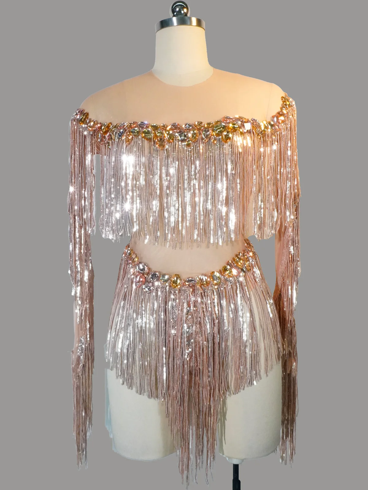 

Sparkly Mesh Sexy Tassels Rhinestone Bodysuit Latino Dance Performance Leotard Nightclub Stage Outfit Drag Queen Show Outfits