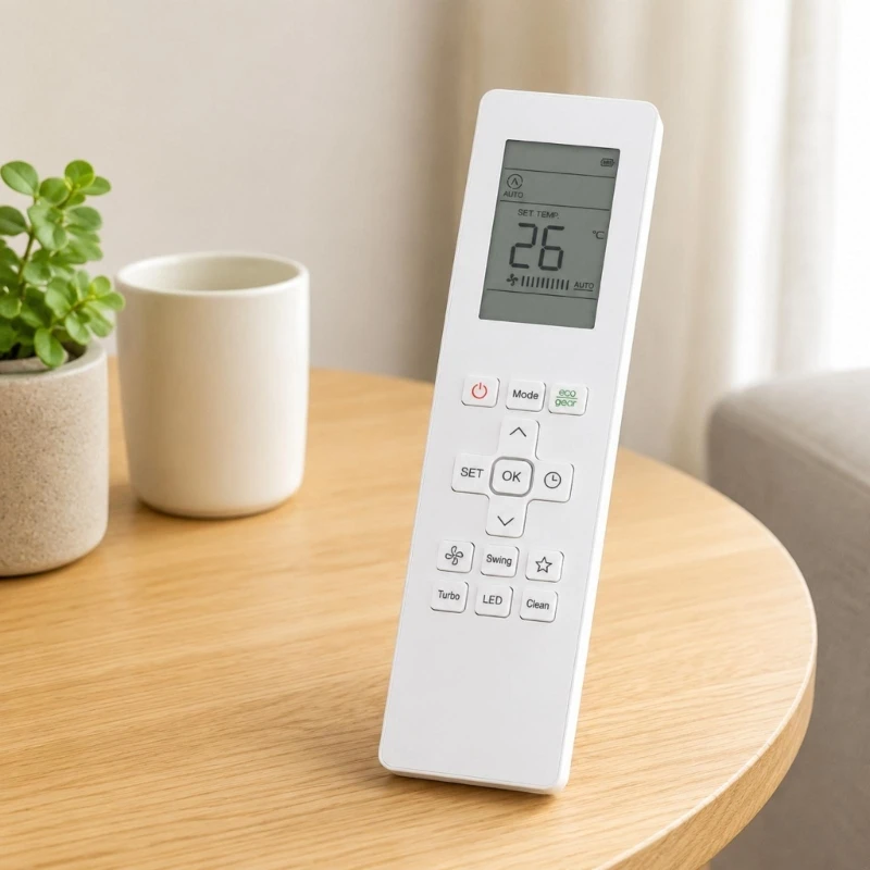 Air Conditioner Remote for RG15B F3S Systems, with English Text for On-Off, Operating Selection, and Temperature Adjustment F19E