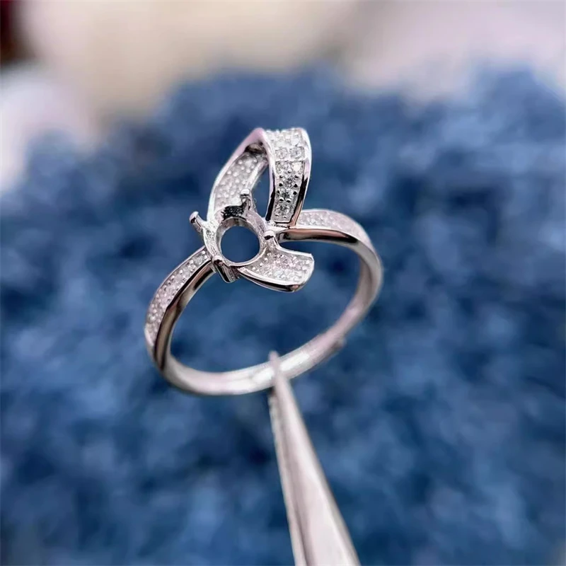 

MeiBaPJ S925 Sterling Silver Oval Ring Empty Support DIY 5mm* 7mm Ring Luxury Bow Set with Fine Wedding Jewelry for Women