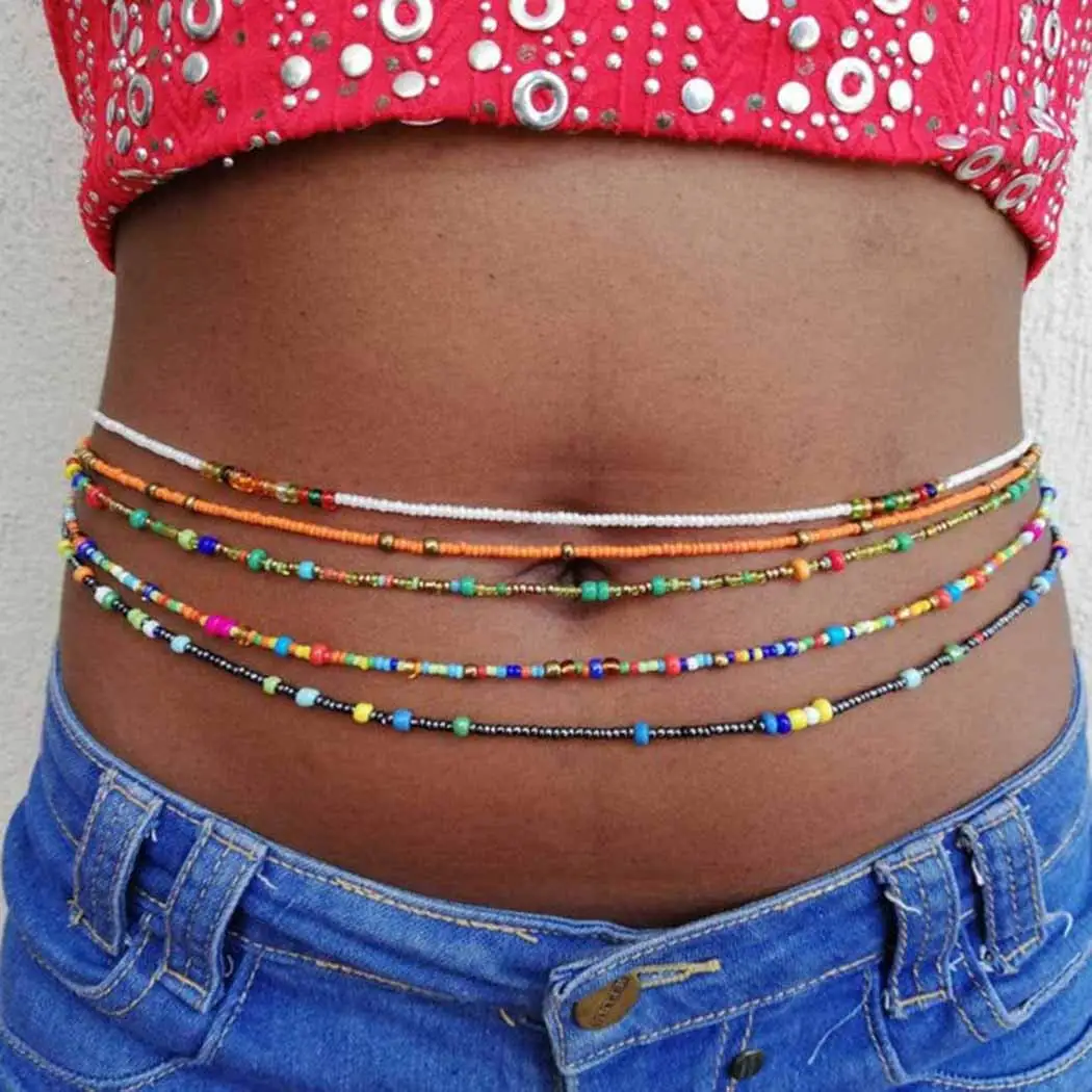 Boho Layered Waist Chains Beach Beads Belly Body Chain Fashion Belts Body Accessories Jewelry for Women and Girls (10 PCS)