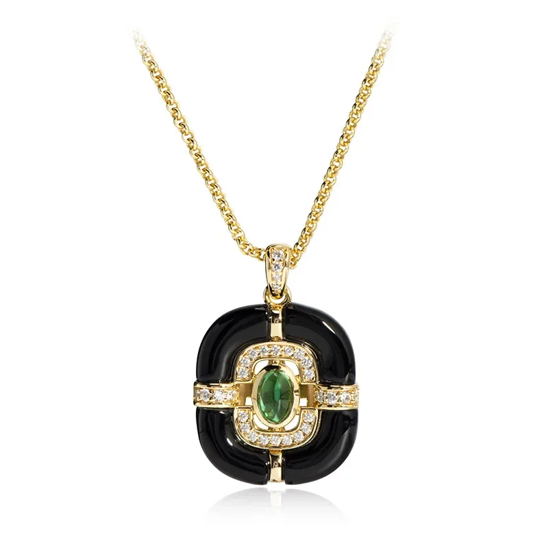 

Square Black Agate Green Nano Retro Necklace S925 Sterling Silver Niche Design Sweater Chain
