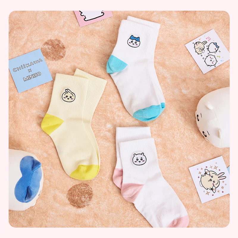 MINISO Kawaii Chiikawa Series Cartoon Embroidered Mid-Calf Socks Anime Girly Heart Cute Usagi Breathable Cotton Socks