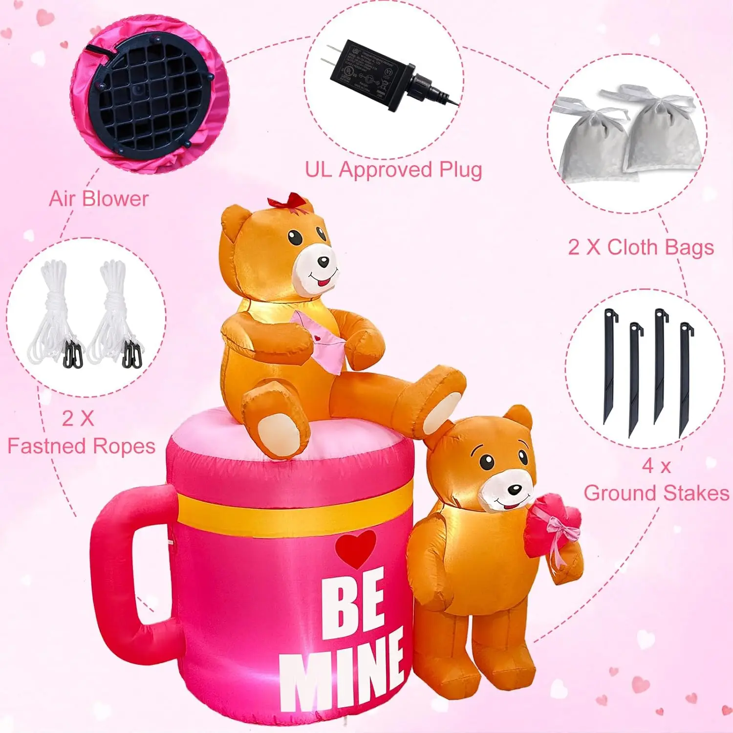 5FT Valentines Inflatables Coffee Cup with Lovely Bear LED Lighted Romantic Valentines Day Inflatables Outdoor Decorations Toys