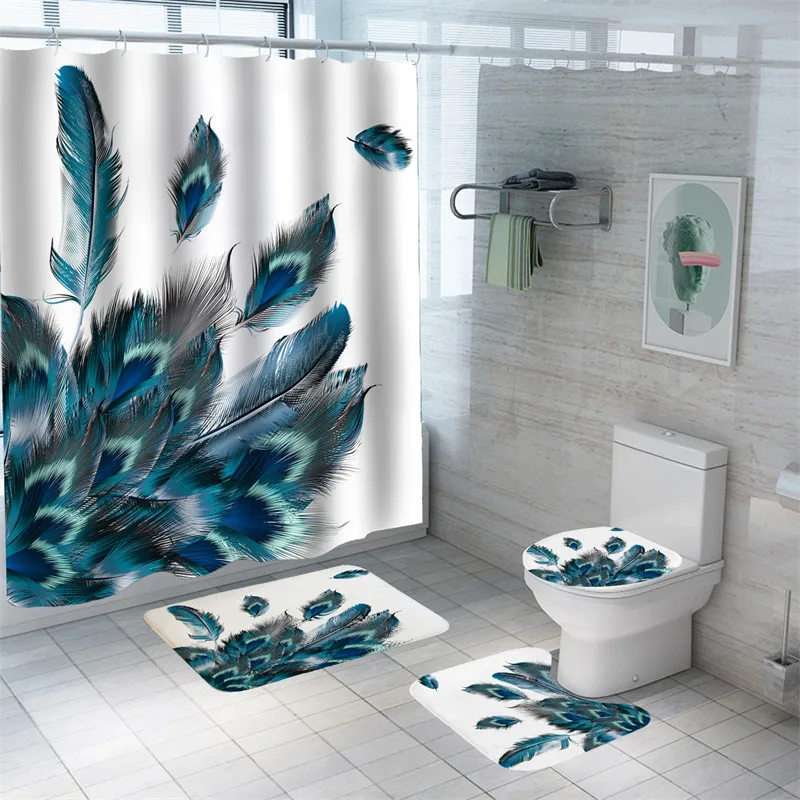 Feather Bath Curtain 3D Print Bath Mat Set Waterproof Shower Curtains Polyester High Quality Carpets Mildewproof Toilet Rugs