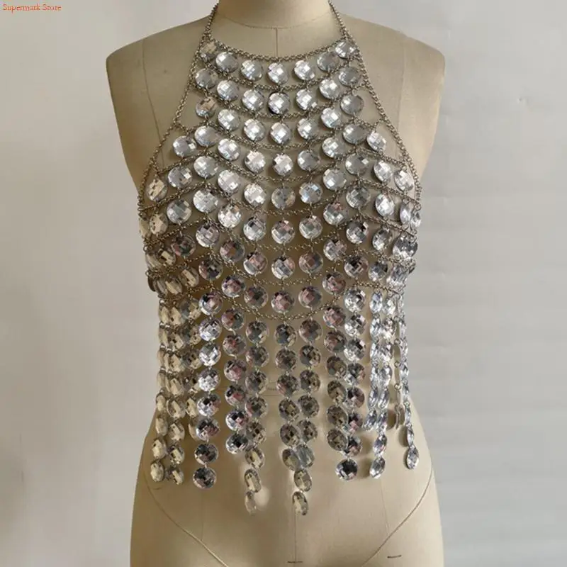 Q5WE Layered Acrylic Crystal Tassels Chest Chain Halterneck Crop Top Nightclub Body Jewelry Backless Camisole for Women