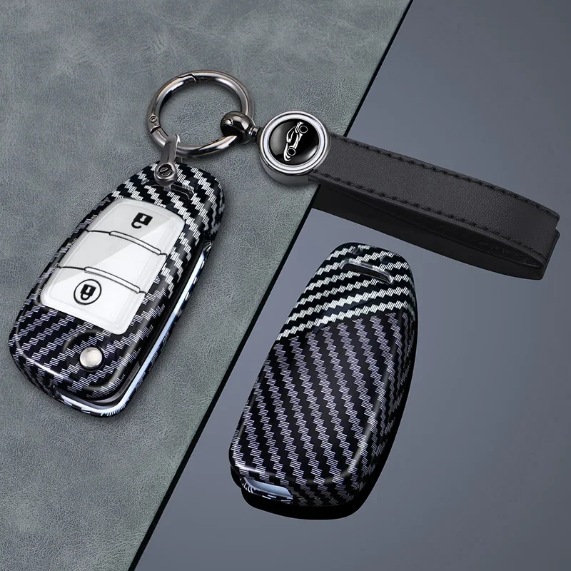 2 Buttons Car Key Fob Cover Fit for Jianghuai Flip Key Remote Carbon Fiber Car Key Shell With Silver Durable Keychain