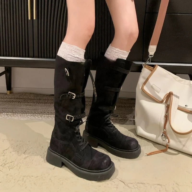 

Осенние новые сапоги до колена в стиле ретро, модная женская обувь 2024, повседневные универсальные однотонные женские сапоги большого размера на квадратном каблуке