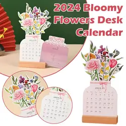 2024 Bloomy Flower Desk Calendar with Wooden Base Card Type 12 Months Jan to Dec Desktop Calendar Decoration 1pcs