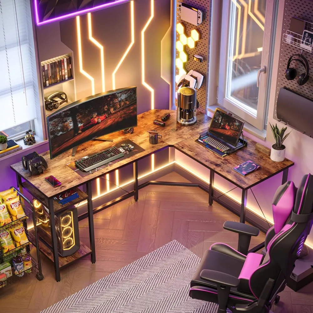 مكتب زاوية على شكل حرف L قابل للعكس مقاس 59.1 بوصة مع أرفف تخزين، مكتب دراسة ألعاب للكتابة في المكتب المنزلي باللون البني الدافئ