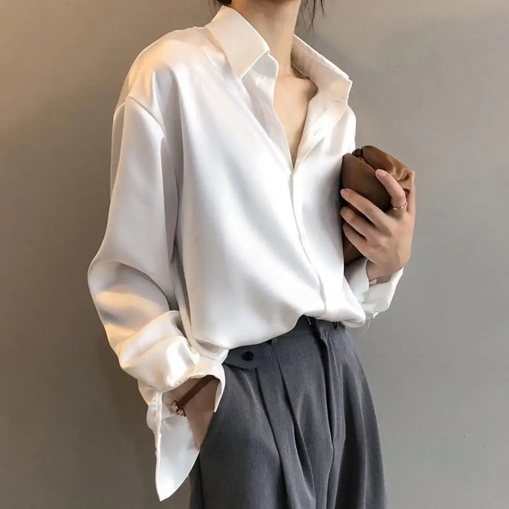 Autumn Fashion Button Up Satin Silk Shirt Spring Vintage Blouse Women White Lady Long Sleeves Female Loose Street Shirts