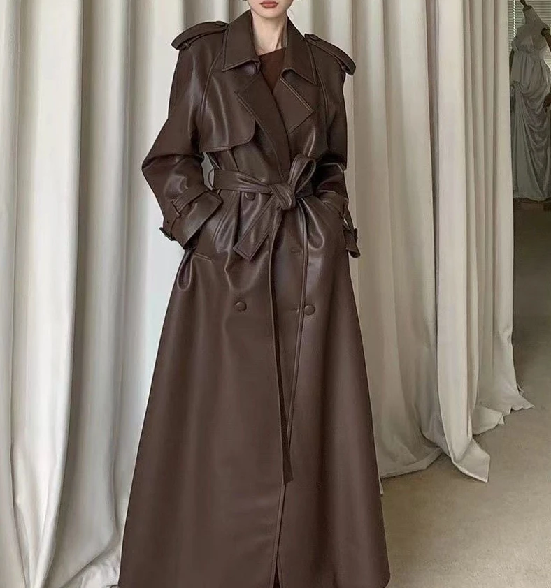

2025 Autumn New Style Wide-Legged Slimming PU Leather Jacket for Women in Long Length