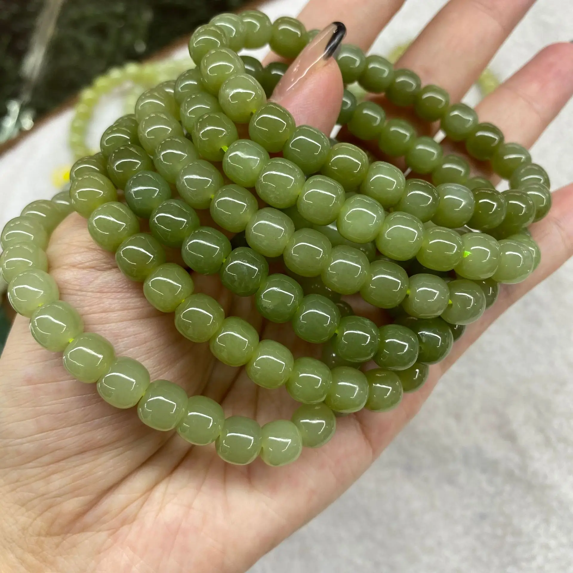 

Natural 100% real hetian Jade round beads carved 8mm Barrel beads bracelets for couples woman men Gift with jade bracelet