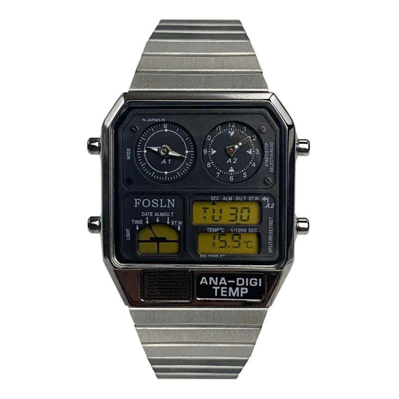 Retro Electronic Watch with Electronic Display and Pointer Display 33mm Diameter 10mm Thickness Thermometer Function Steel Strap