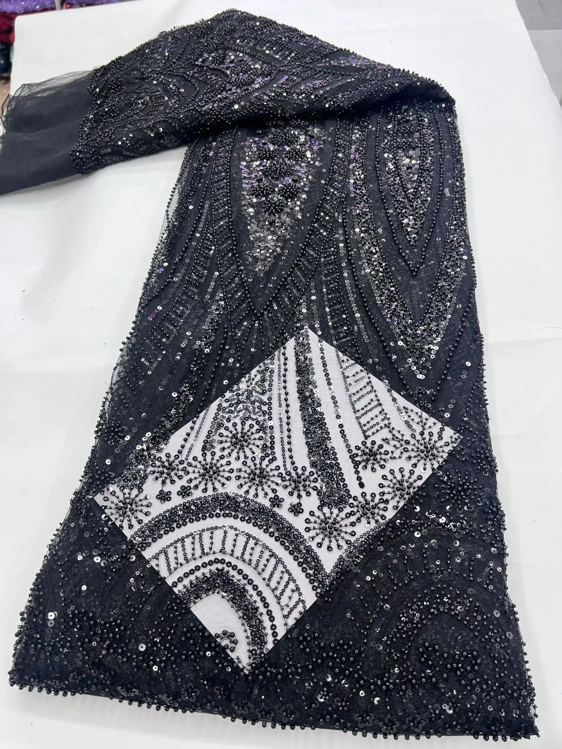 

New Arrival Luxury Black Handmade Beads Sequins African Lace Fabric 2025 Beaded French Lace Fabric For Party Dress Sew LHD25179
