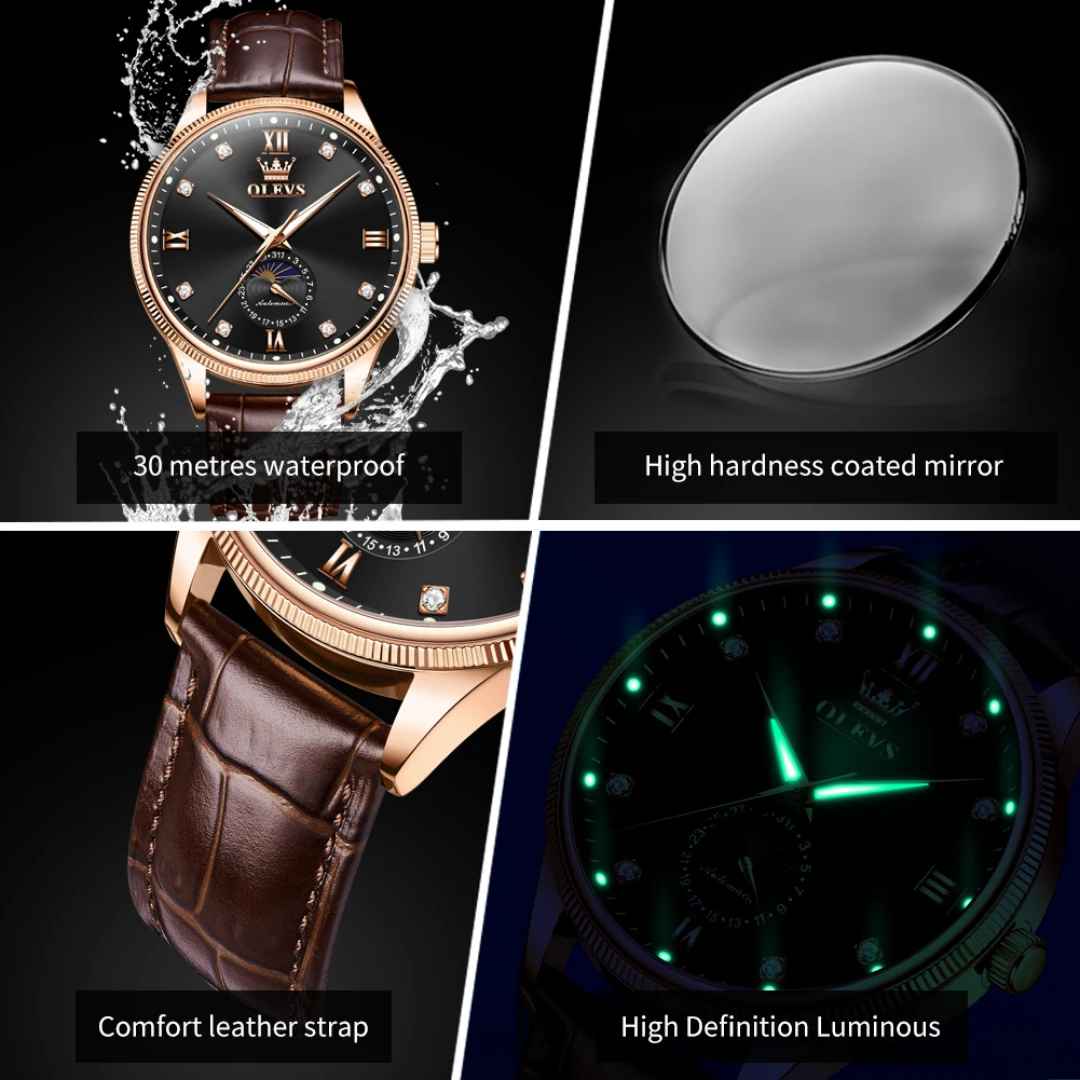 OLEVS 7039 ساعة ميكانيكية عصرية هدية دائرية الشكل من الجلد الطبيعي ساعة يد مضيئة