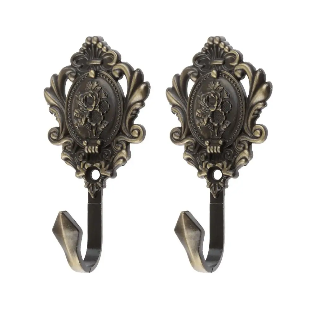 2Pcs Vintage Rose Pattern Cloth-hat Hook Zinc Alloy Solid Wall Hook European Classic Drapery Curtain Tieback Hooks