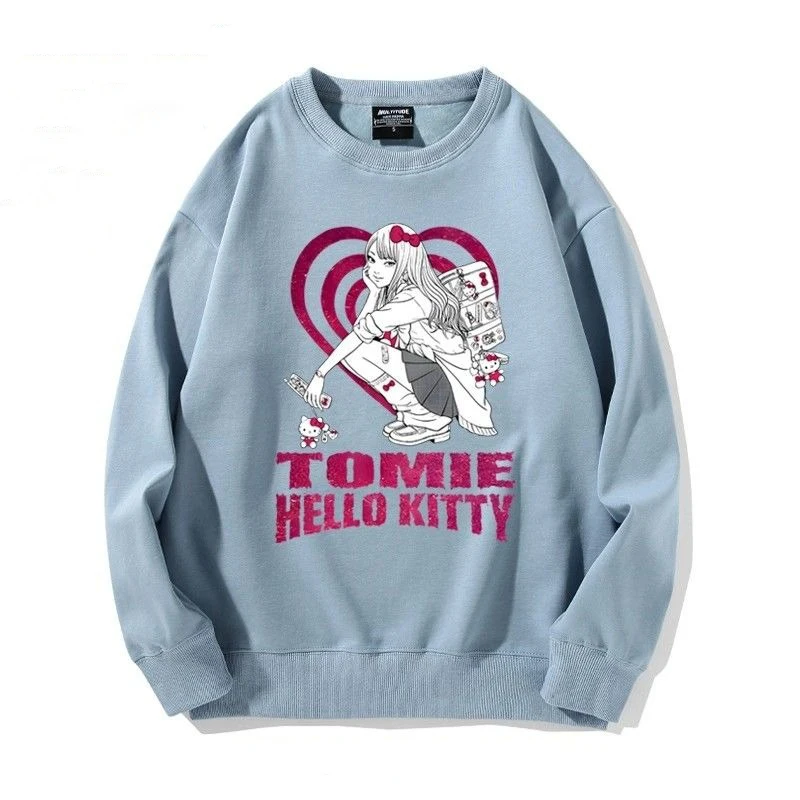  Hello Kitty Junji Ito Tomie Sweatshirt with Cute Pattern Print Retro Fashion Pure Cotton Anime Men's and Women's Pullover