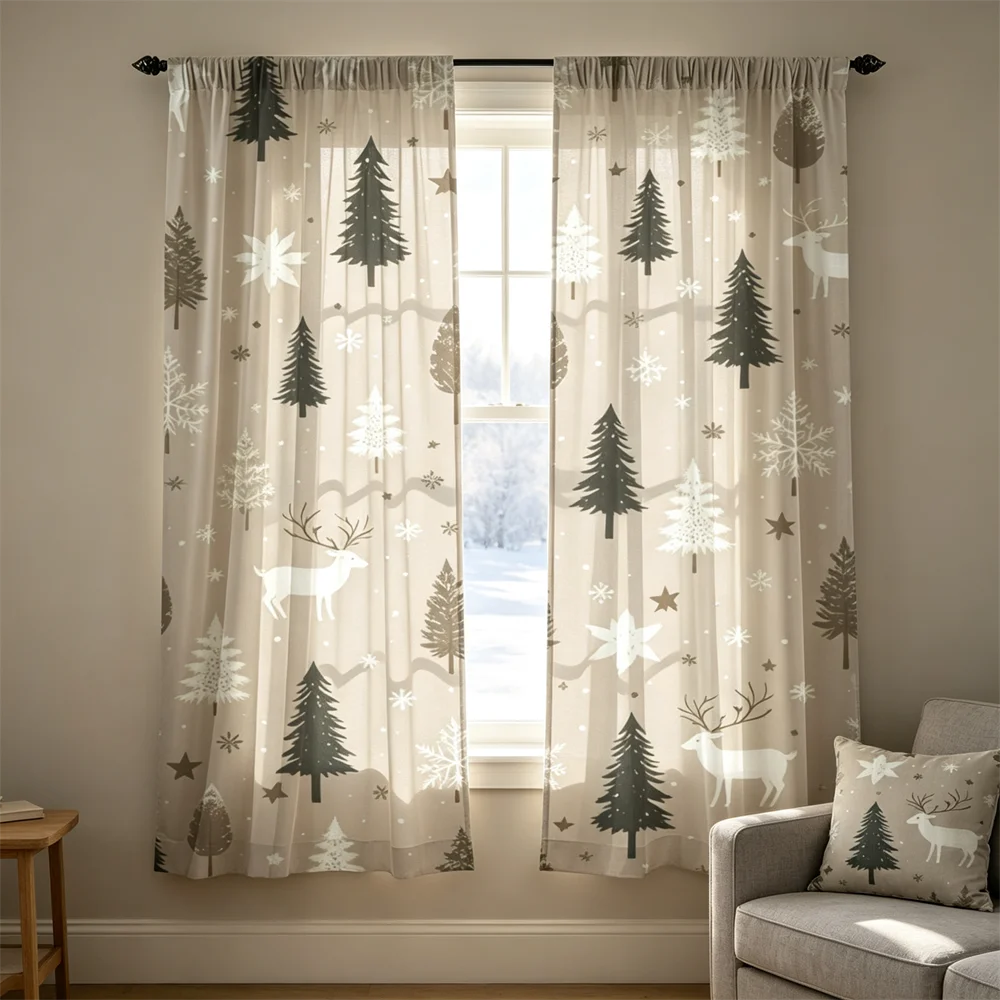 2PCS Christmas Curtains, Grey Deer Pine Snowflakes Print, Bedroom Living Room Window Drapes, Rod Pocket Polyester, Home Decor