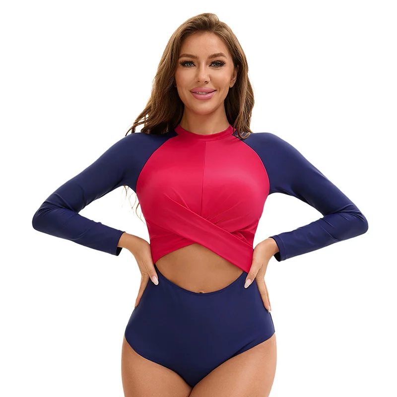 Women Long Sleeve Rash Guard Swimsuit Hollow Waist Cross Front One Piece Swimwear Color Block Beachwear Surfing Bathing Suit