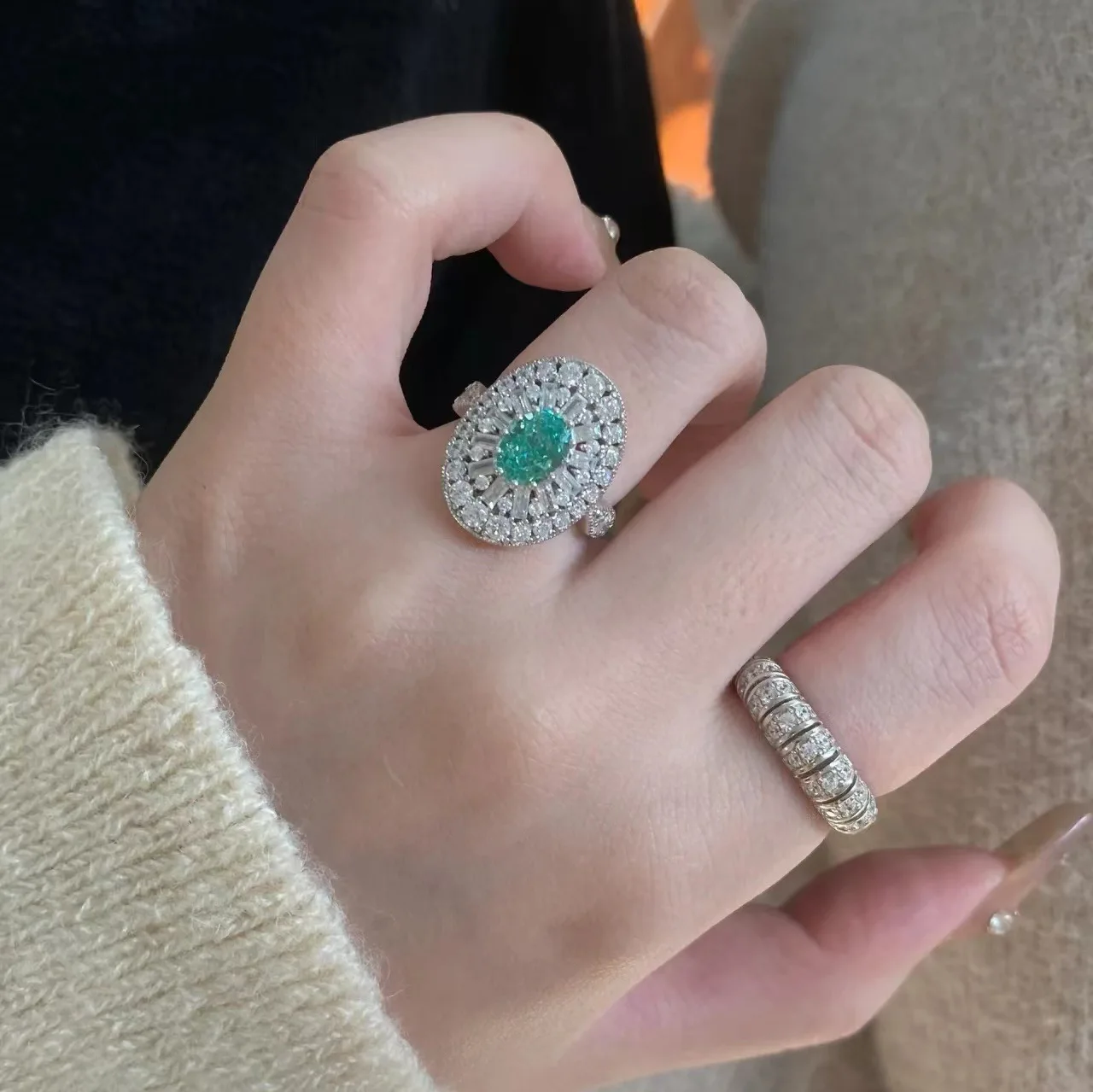 

S925 Sterling Silver Vintage Paraiba Blue French Style Full Pavé CZ Ring Collection - Elegant and Timeless