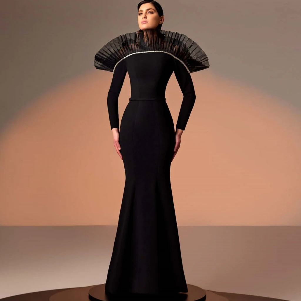 

Off Shoulder Ruffles Long Sleeve Mermaid Floor Length Evening Dress High Waist Matte Satin Black Prom Dresses Elegant Mermaid