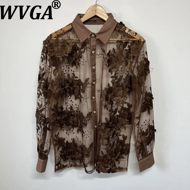 

WVGA весна лето осень новые мужские приливы тяжелая сетка с вышивкой прозрачная многослойная рубашка с длинными рукавами нишевые шикарные повседневные топы W15767