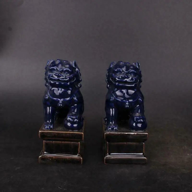 A Pair Chinese Qing Blue Glaze Porcelain Figurine Foo Fu Dog Guardion Lion Statue 5.90