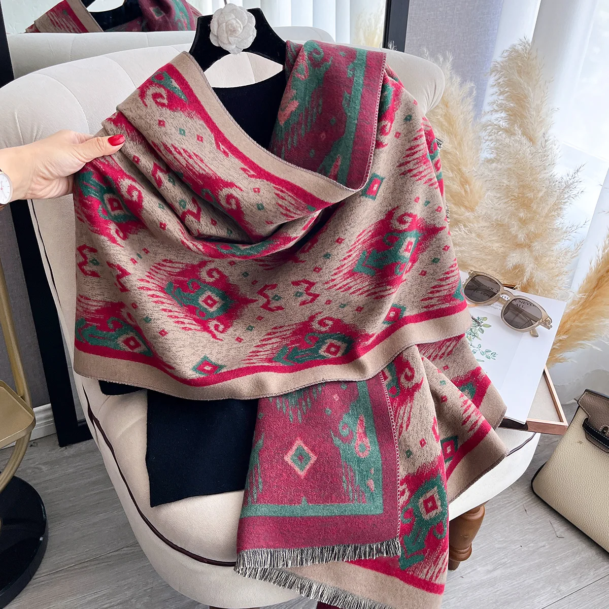 

Осенне-зимний новый двусторонний жаккардовый шарф из пашмины в стиле ретро — теплая шаль с бахромой, повседневный и уличный морозостойкий ветрозащитный
